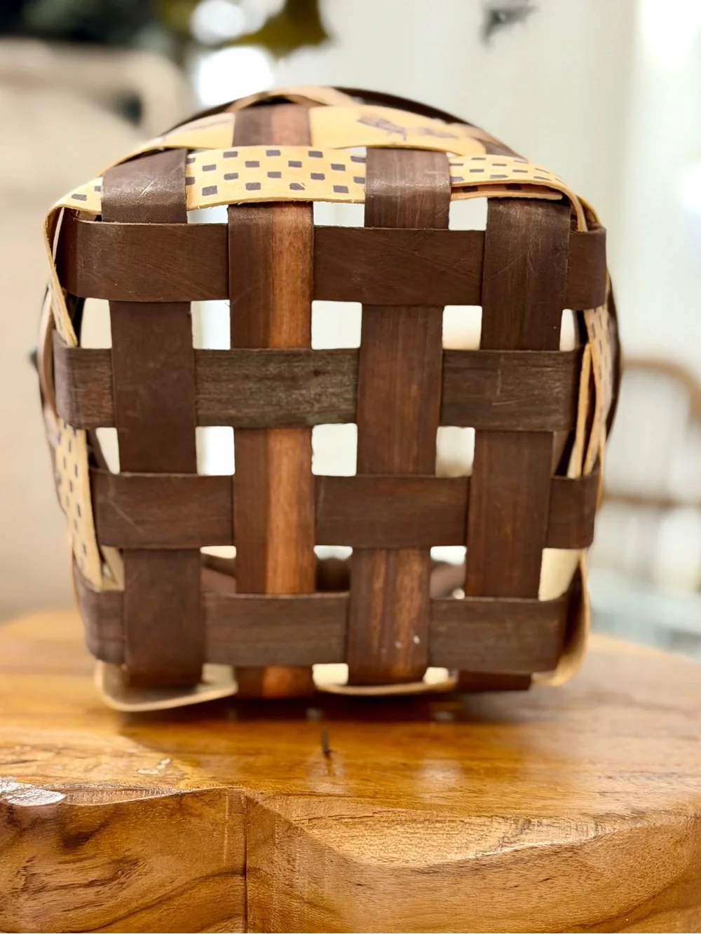 Vintage Hand woven Brown and Cream Rooster Woven Accent Basket